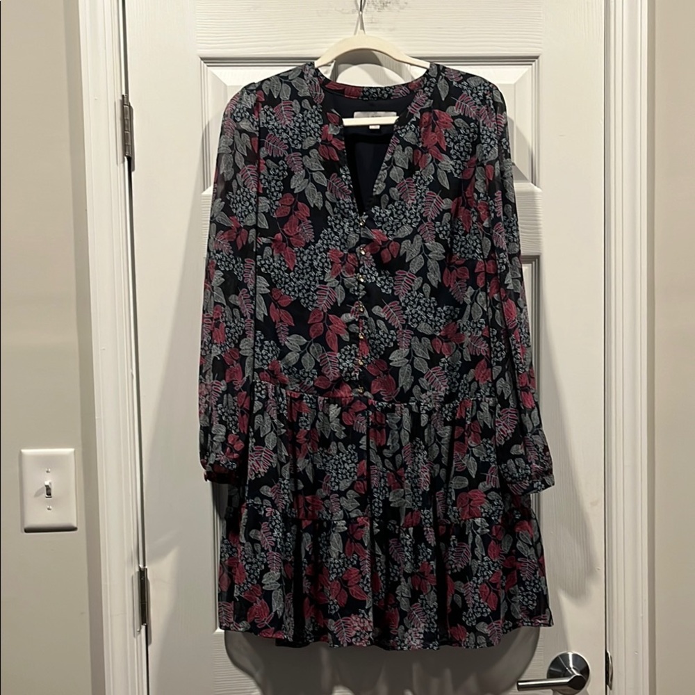 LOFT Pink and navy blue Long‎ Sleeve V-Neck Sundress Size L